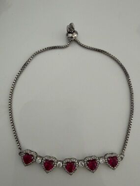Silver Tone Heart Ruby Bracelet with Crystal Accents